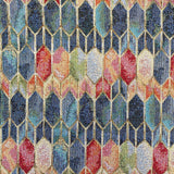 A heavy tapestry fabric with a geometric design in blues and reds with gold outlining. Kayes Textiles Fabrics.