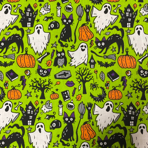 Halloween Polycotton Print  - Ghosts & Cats - Lime - Sold by Half Metre