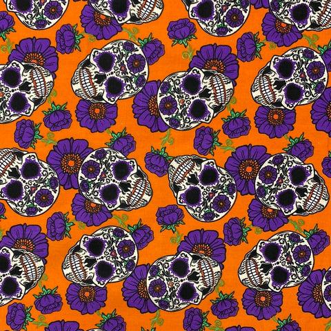 Halloween Polycotton Print  - Floral Candy Skulls - Orange - Sold by Half Metre