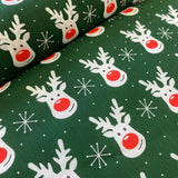 Christmas Polycotton Prints - Rudolph & Snowflake - Green - £3.00 Per Metre - Sold by Half Metre
