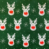 Christmas Polycotton Prints - Rudolph & Snowflake - Green - £3.00 Per Metre - Sold by Half Metre