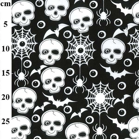 Halloween Polycotton Print - Skulls and Spiders - Black - Sold by Half Metre