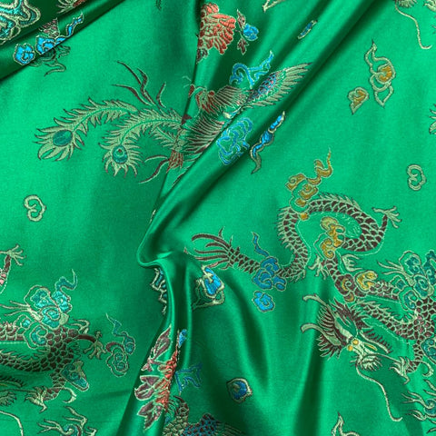 Chinese Brocade Dragon Print Satin - Emerald - £7.50 Per Metre - Sold By Half Metre
