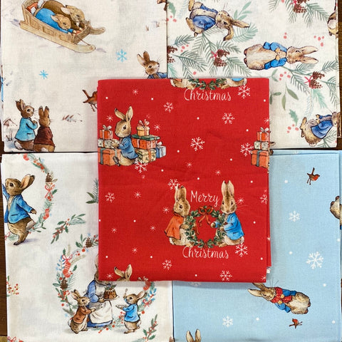 Peter Rabbit Christmas Fat Quarters pack 100% cotton Kaye’s textiles Southend Westcliff Essex sewing patchwork crafts projects