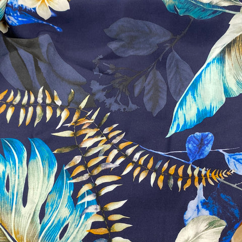 Remnant 80406 1.35m 100% Viscose Navy Tropical Leaves - 145cm wide