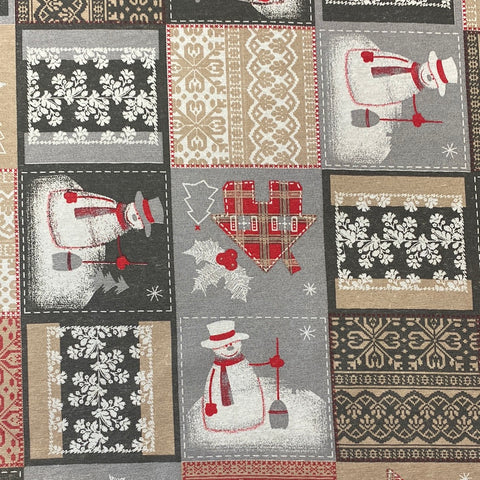 Christmas Linen look - Snowman Patchwork  - Sold By Half Metre