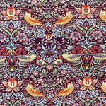 A damson background cotton with a symmetrical bird and floral design. Kayes Textiles Fabrics.