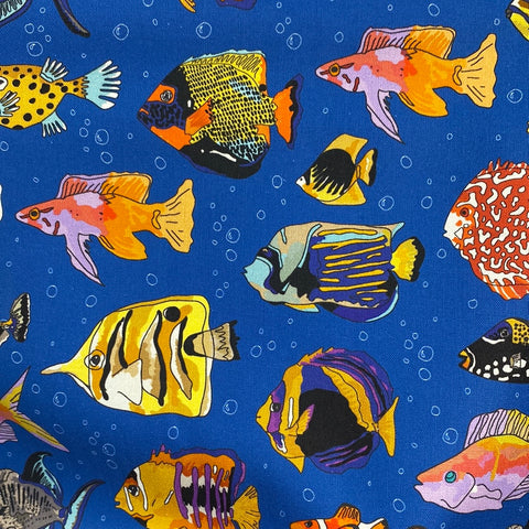 Multicoloured bright colours underwater fish sea coral 100% cotton fabric Kaye’s textiles dressmaking craft patchwork  Southend Westcliff royal blue discount cheap
