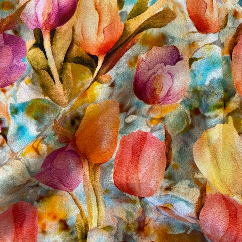 a floaty viscose fabric with pink, mauve and red tulip flowers in watercolour Kayes Textiles Fabric