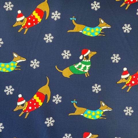 100% Cotton Christmas - Daschunds in Jumpers - Sold by Half Metre