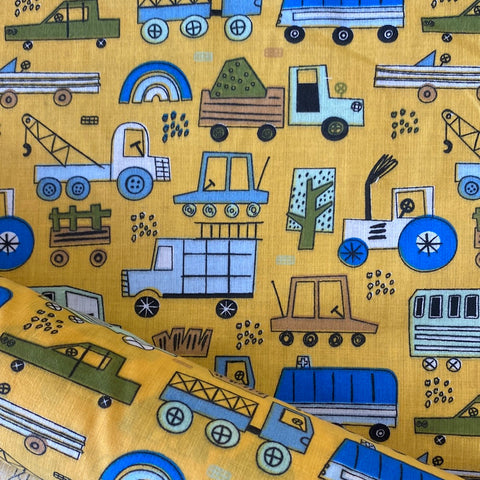 Polycotton Print - Construction Vehicles - Mint - £3.00 Per Metre -  Sold by Half Metre