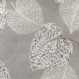 A grey plastic fabric with a large leaf design in white speckled effect. Kayes Textiles Fabrics.