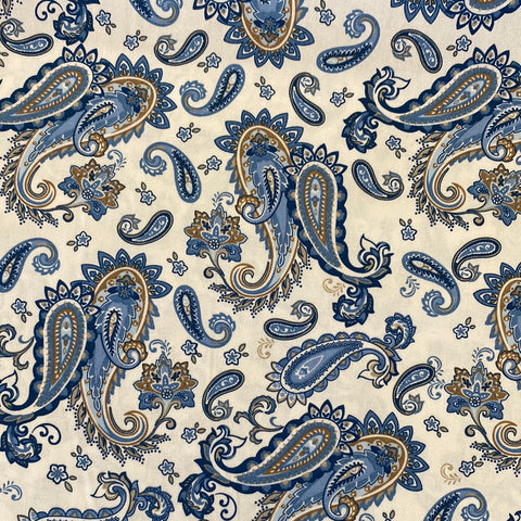 Kayes Textiles paisley print design ivory blue100% cotton dressmaking Southend Westcliff sewing fabric craft clothes pattern fabric shops Metre discount cheap 