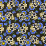 Halloween Polycotton Print  - Floral Candy Skulls - Blue - £3.00 Per Metre - Sold by Half Metre