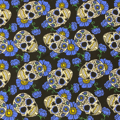 Halloween Polycotton Print  - Floral Candy Skulls - Blue - Sold by Half Metre
