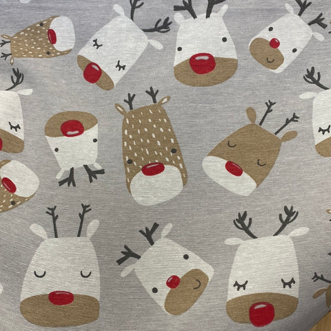 Christmas Linen look - Cute Reindeer Face  - Sold By Half Metre