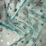 Snowflake Organza - Metallic Silver on Pale Blue - Sold By Half Metre