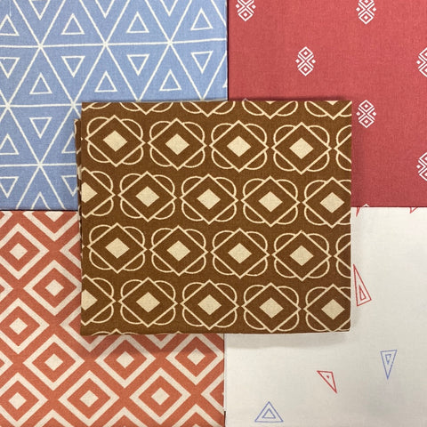 Geometric brown blue and terracotta Fat Quarters pack 100% cotton Kaye’s textiles Southend Westcliff Essex sewing patchwork crafts projects