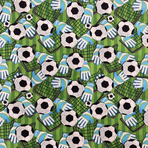 Football gloves green blue goal ball 100% cotton fabric Kaye’s textiles dressmaking craft patchwork  Southend Westcliff discount cheap