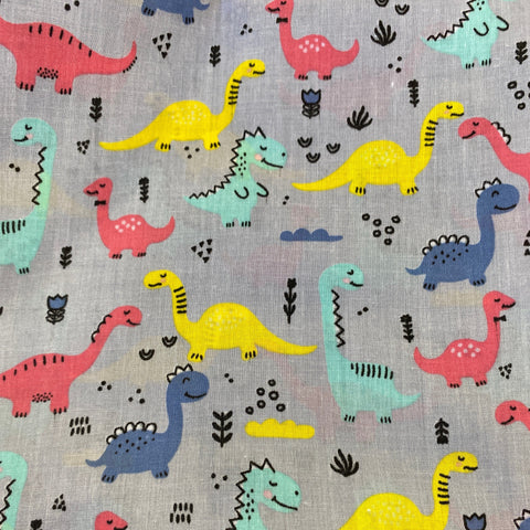 Remnant 081008 0.75m x 1.15m Grey Smiling Dinosaurs Polycotton