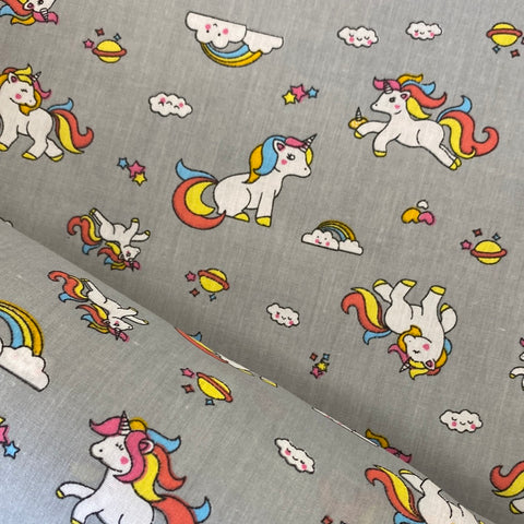 Polycotton Children's Print - Unicorn Rainbow - Grey - £3.00 Per Metre - Sold by Half Metre