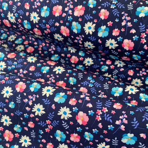 100% Cotton - Navy Summer Floral - £6.50 Per Metre - Sold by Half Metre