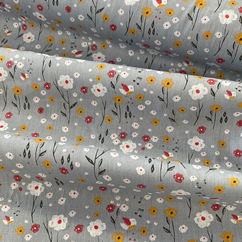 Polycotton Print - Songbird and Flowers - £3.00 Per Metre - Sold by Half Metre