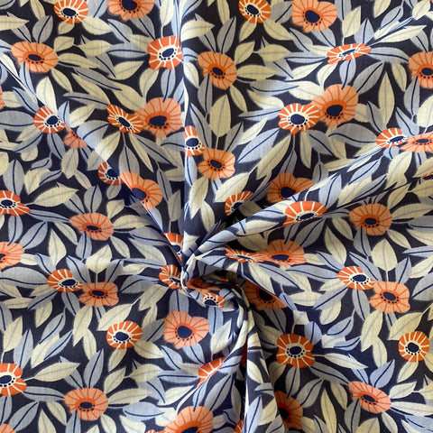 Polycotton Print - Poppies on Blue Leaves - £3.00 Per Metre - Sold by Half Metre