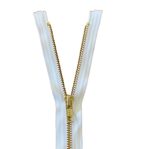 YKK 15" Metal open End Zip - Gold Teeth, White Tape