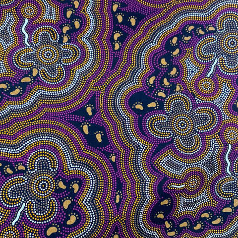 A black fabric with brown, purple and orange tiny dots creating an aboriginal style design with tiny footprints. Kayes Textiles Fabrics