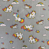 Polycotton Children's Print - Unicorn Rainbow - Grey - £3.00 Per Metre - Sold by Half Metre