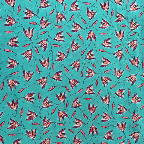 Turquoise Orange flowers backing Kayes Textiles 100% cotton dressmaking Southend Westcliff sewing fabric craft clothes pattern fabric shops Metre discount cheap 