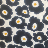 A white viscose fabric with large black pansy flowers all over. Kayes Textiles fabrics. 