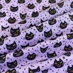 Halloween Polycotton Print - Cat Faces - Lilac - £3.00 Per Metre - Sold by Half Metre