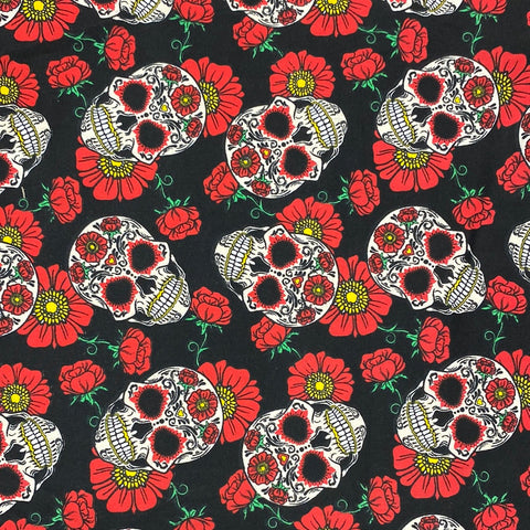 Halloween Polycotton Print  - Floral Candy Skulls - Red - Sold by Half Metre