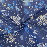 Polycotton Print - Space Rockets - Blue - £3.00 Per Metre - Sold by Half Metre