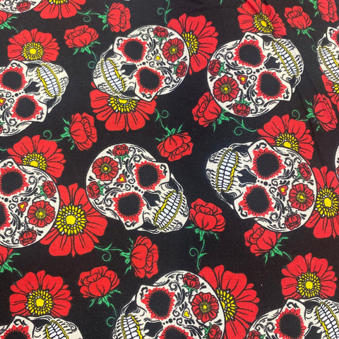 Remnant 0910011 0.4m Halloween polycotton Candy Skulls - Red - 112cm wide