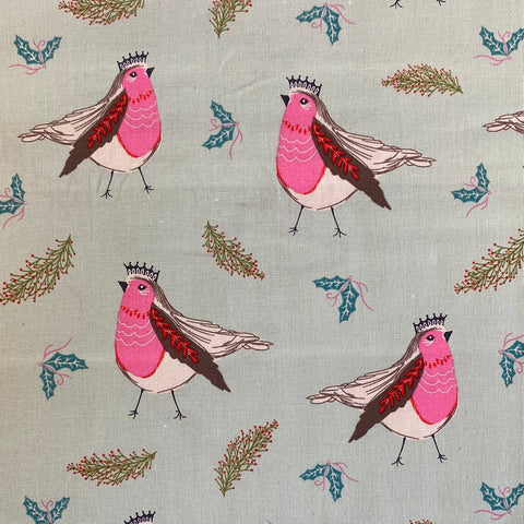 Christmas Xmas robin crown bird pink colours 100% cotton fabric Kaye’s textiles dressmaking craft patchwork  Southend Westcliff discount cheap