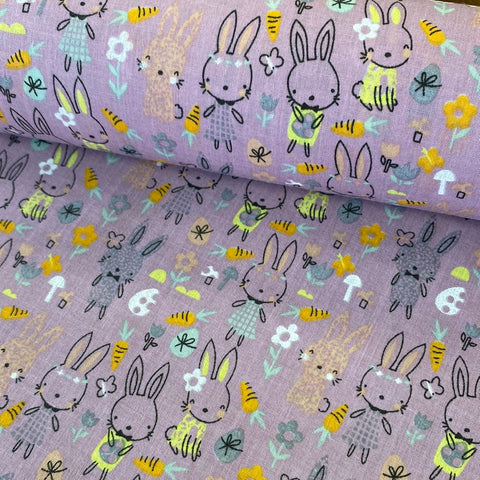Polycotton Print - Bunny Rabbits - Lilac - £3.00 Per Metre - Sold by Half Metre