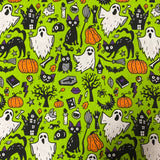 Halloween Polycotton Print  - Ghosts & Cats - Lime - £3.00 Per Metre - Sold by Half Metre