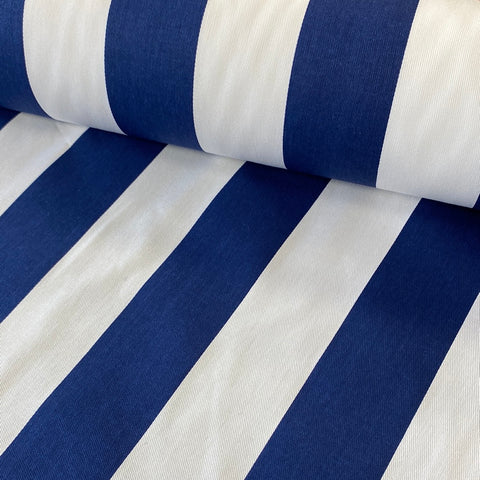 A heavyweight cotton fabrc with a wide blue and white stripe design. Kayes Textiles Fabrics