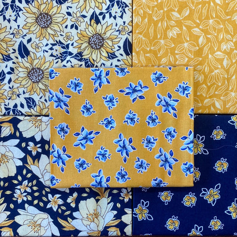 Sunflowers floral yellow navy blue Christmas Fat Quarters pack 100% cotton Kaye’s textiles Southend Westcliff Essex sewing patchwork crafts projects