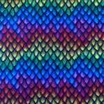 A cotton fabric with a dragon scales design all over in rainbow colours. Kayes Textiles Fabrics.