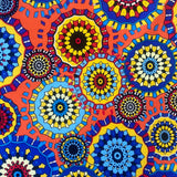 An abstract design of kaleidoscope style circles in blue, yellow and red. Kayes Textiles Fabrics