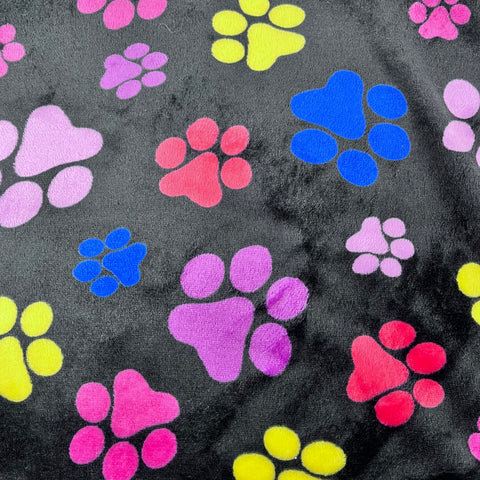 Super Soft Cuddle Fleece - Colourful Paw Prints - Sold By Half Metre