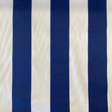 A heavyweight cotton fabrc with a wide blue and white stripe design. Kayes Textiles Fabrics