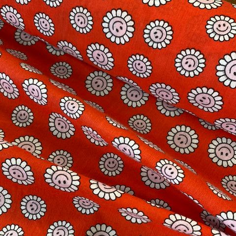 Polycotton Print - Smiling Daisies - Red -  £3.00 Per Metre - Sold by Half Metre