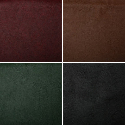 A multi picture showing four colours of faux leather in bottle green, wine, black and Brown. Kayes Textiles Fabrics