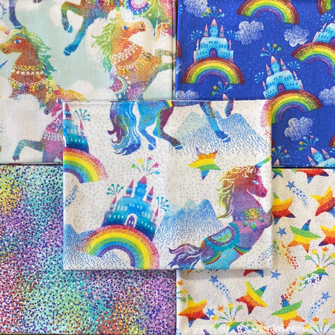 Once upon a time fairytale rainbow unicorn Fat Quarters pack 100% cotton Kaye’s textiles Southend Westcliff Essex sewing patchwork crafts projects