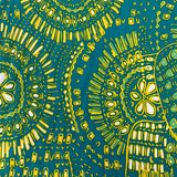 A Jade viscose fabric with an abstract batik design in white and yellow with teal accents. Kayes Textiles Fabrcs